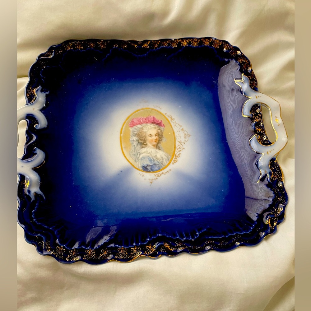 COBALT BLUE FLOW PORTRAIT PLATE.SQUARE HANDLE PLATTER. CAMEO MARIE ANTOINETTE